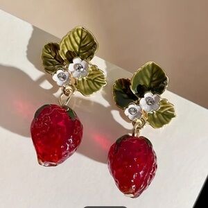Strawberry drop earrings red crystal leaf flowers gold tone women girls nwt